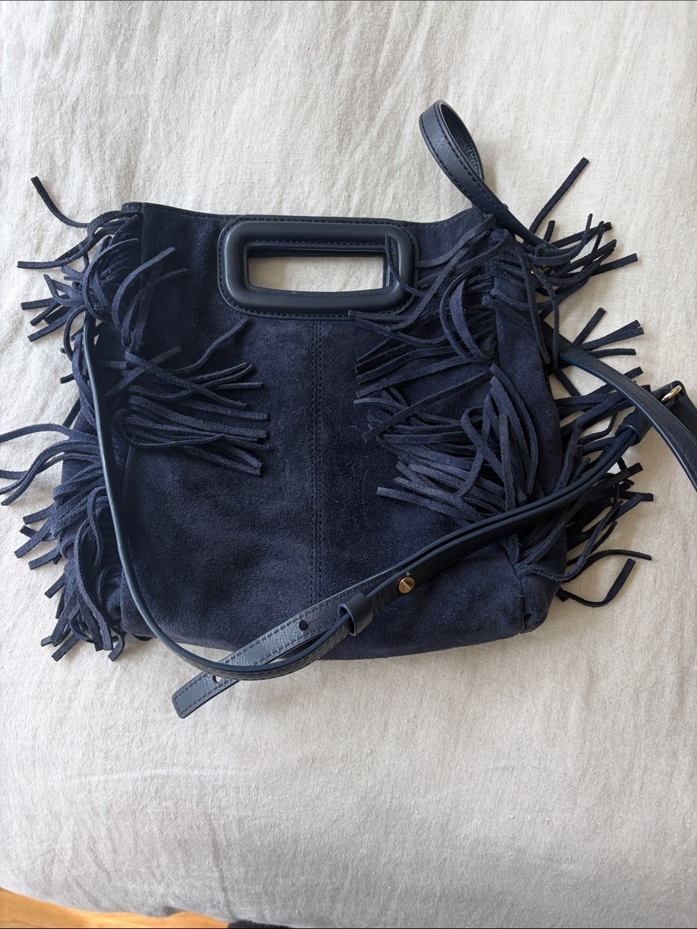 Maje Navy Suede Fringe Shoulder Bag - Picture 2 of 3
